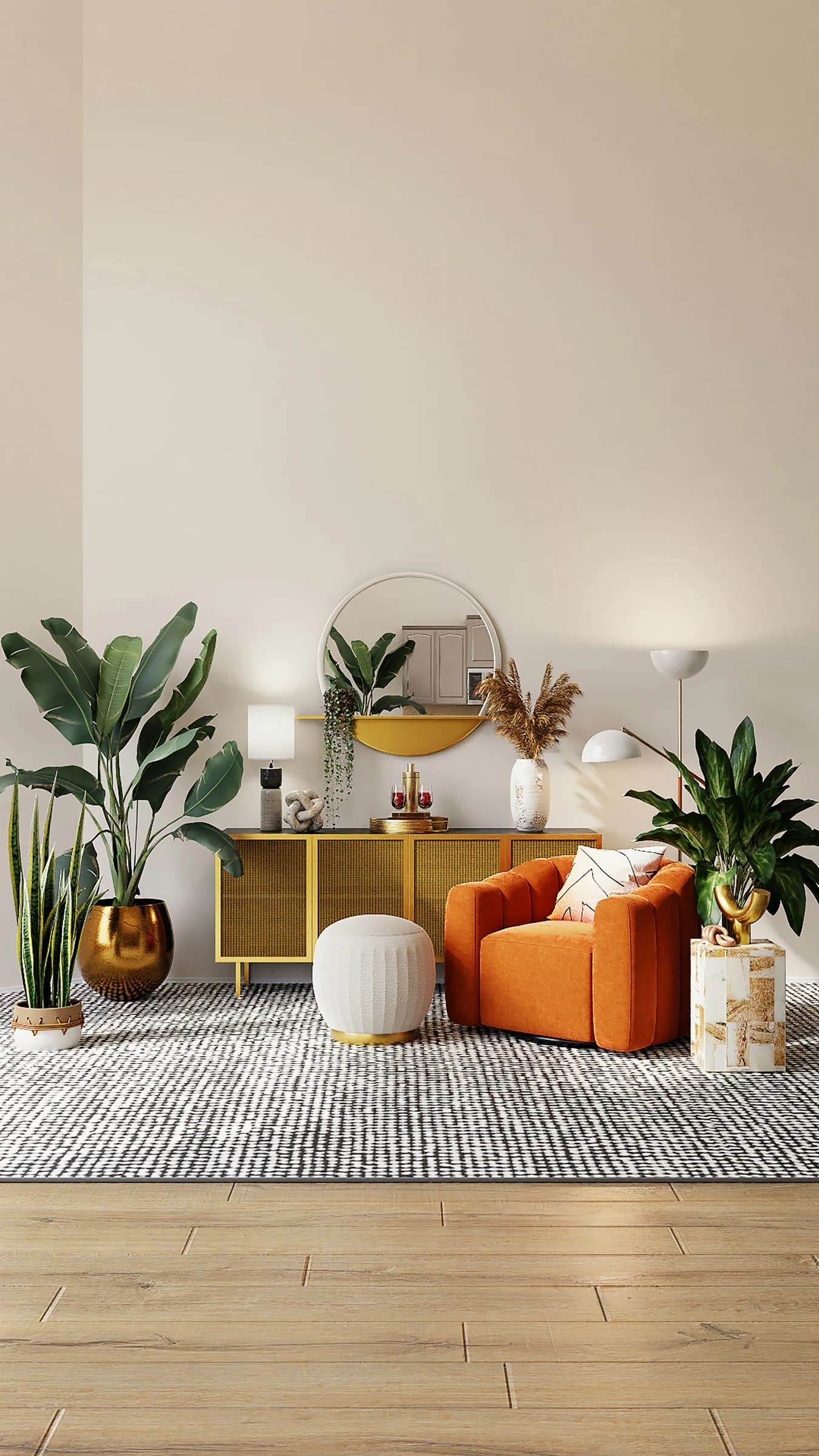 Bright living room with an orange chair and plants