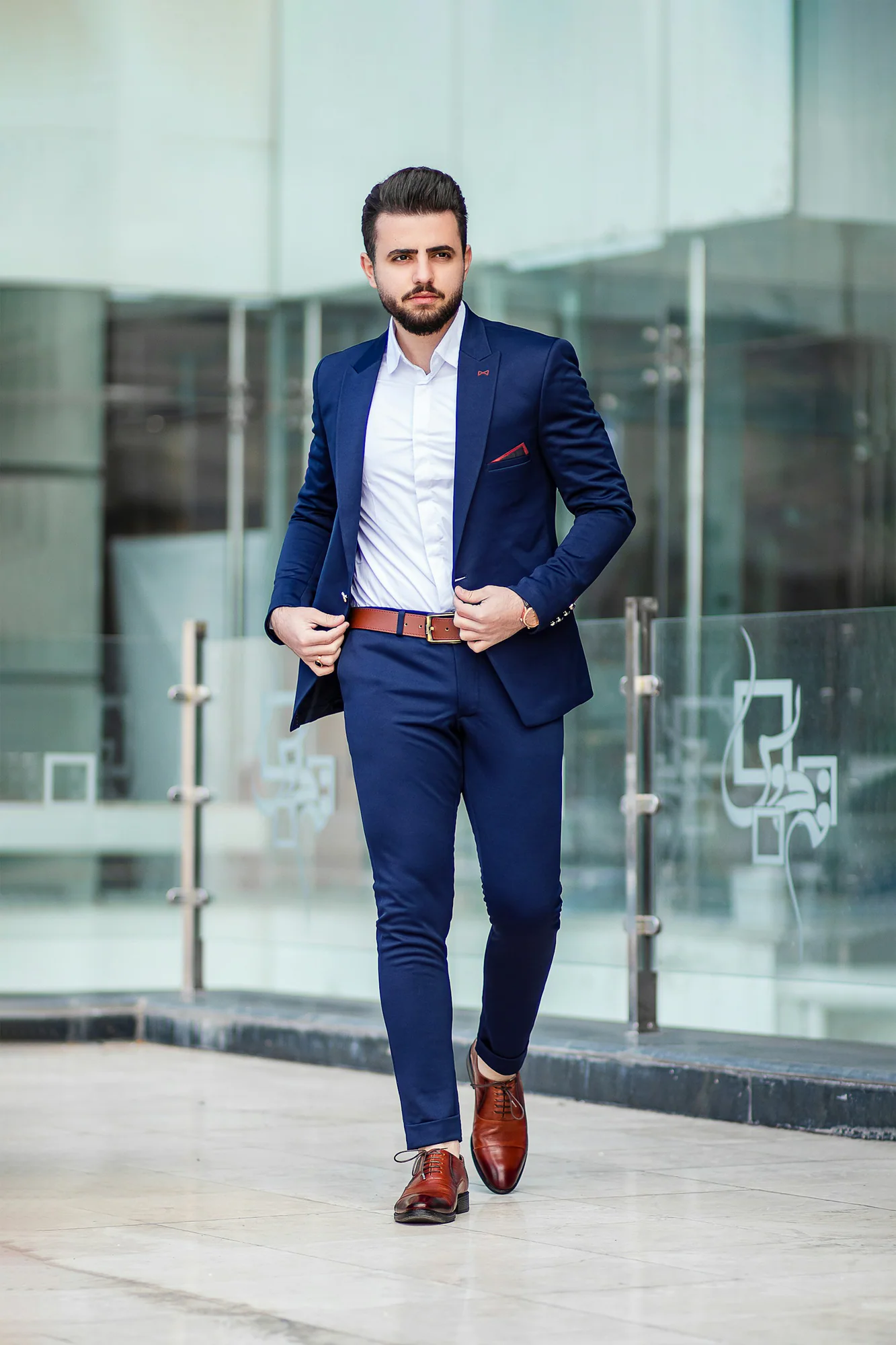 Man wearing a midnight-blue two-piece suit